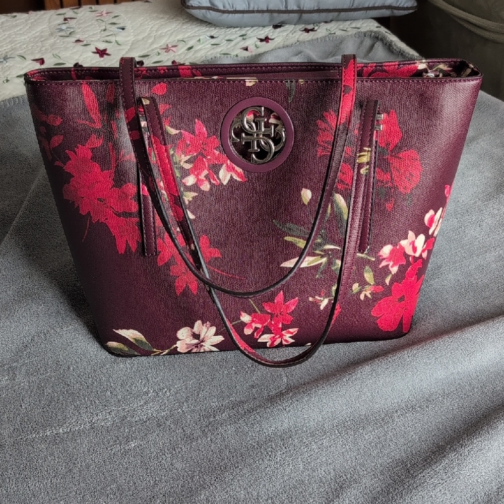 Guess Burgundy Floral Tote Bag